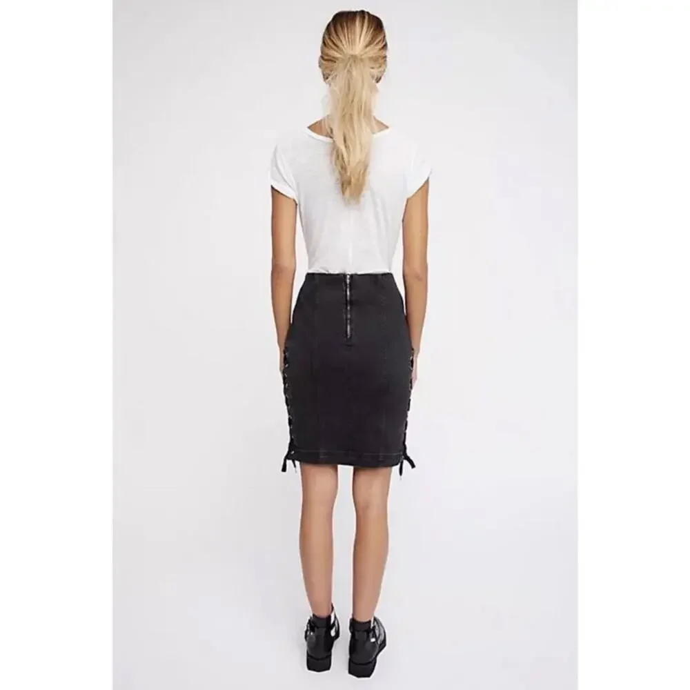 NWT Free People Black Denim Skirt Size 2 Lace Up Side Straight Pencil Edgy Goth